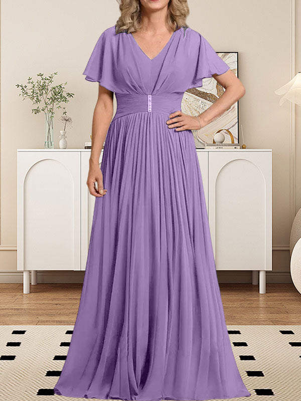 A-Linien-Chiffonkleid mit V-Ausschnitt, bodenlang, für die Mutter der Braut, mit Kristallbrosche und Falten 