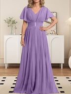 A-Linien-Chiffonkleid mit V-Ausschnitt, bodenlang, für die Mutter der Braut, mit Kristallbrosche und Falten 