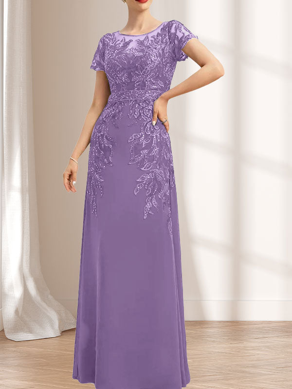 Etuikleid/Säulenkleid mit Illusion-Ausschnitt, bodenlang, aus Chiffon und Spitze mit Pailletten für die Mutter der Braut