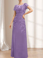 Etuikleid/Säulenkleid mit Illusion-Ausschnitt, bodenlang, aus Chiffon und Spitze mit Pailletten für die Mutter der Braut