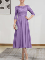 A-Linien-Kleid mit U-Boot-Ausschnitt, Illusion-Detail, Teelänge, Chiffonspitze, Perlenstickerei und Pailletten für die Mutter der Braut