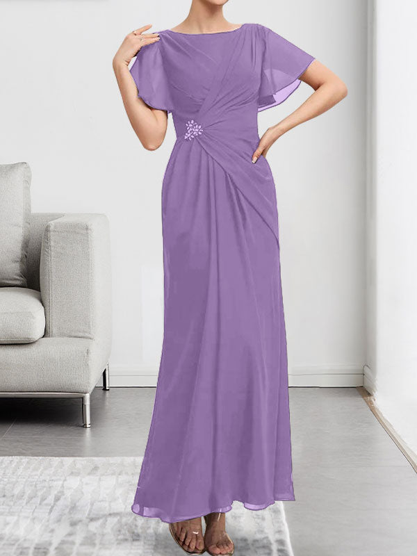 Vestido de gasa para madre de la novia, corte A, escote redondo, largo hasta los tobillos, con cuentas y pliegues
