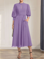 A-Linien-Kleid aus Chiffon mit hohem Kragen, Teelänge und Spitze für die Mutter der Braut, verziert mit einer Schleife