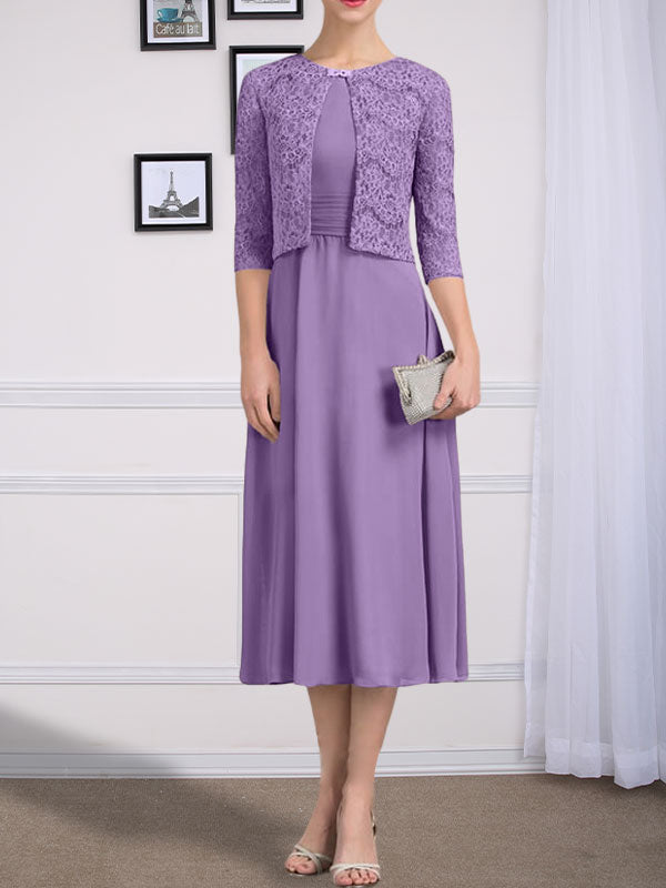 Vestido de gasa para madre de la novia, corte A, escote redondo, largo hasta la rodilla, con pliegues