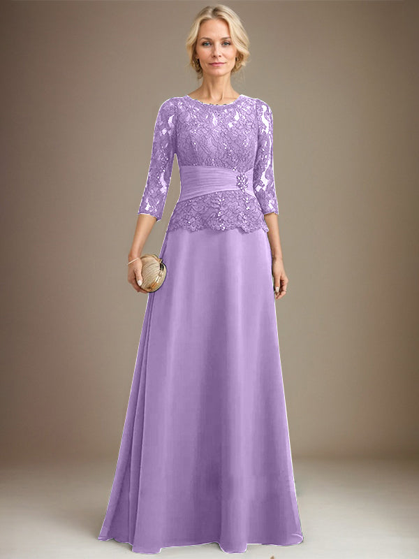 Vestido de gasa con encaje y escote en A, ilusión, largo hasta el suelo, para madre de la novia, con lentejuelas plisadas y abalorios 
