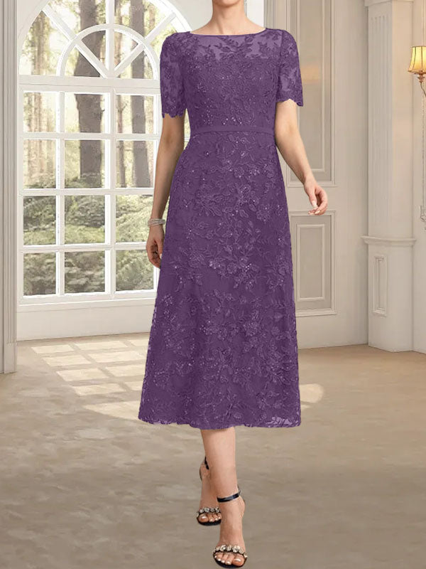 A-Linien-Kleid mit Rundhalsausschnitt, Illusion-Ausschnitt, Teelänge, Spitze und Pailletten für die Mutter der Braut