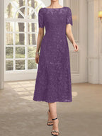 A-Linien-Kleid mit Rundhalsausschnitt, Illusion-Ausschnitt, Teelänge, Spitze und Pailletten für die Mutter der Braut