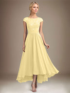 A-Linien-Kleid aus Chiffon mit asymmetrischem, plissiertem Spitzeneinsatz und Illusion-Ausschnitt für die Mutter der Braut 