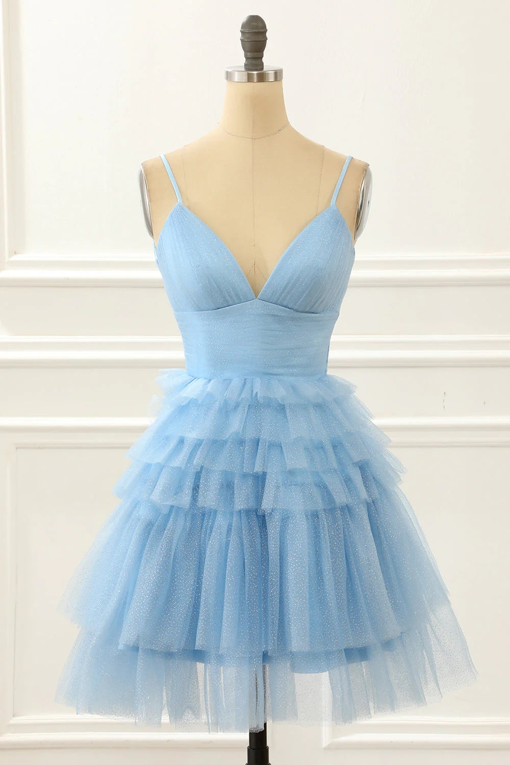 Vestido Corto Azul Claro de Fiesta de Graduación Línea A con Volantes