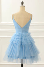 Vestido Corto Azul Claro de Fiesta de Graduación Línea A con Volantes