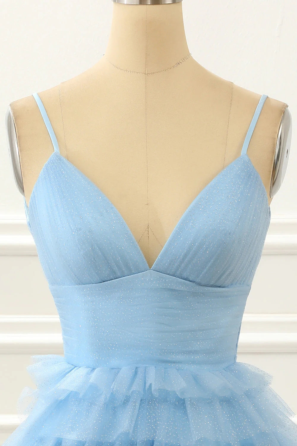 Vestido Corto Azul Claro de Fiesta de Graduación Línea A con Volantes