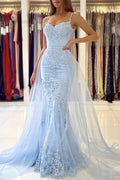 Helleblaue Meerjungfrauen-Spitzen-Ballkleider mit Spaghettiträgern, Abendkleid