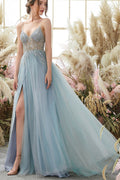 Tulle A-line V-neck Spaghetti Straps Beaded Long Prom Dresses