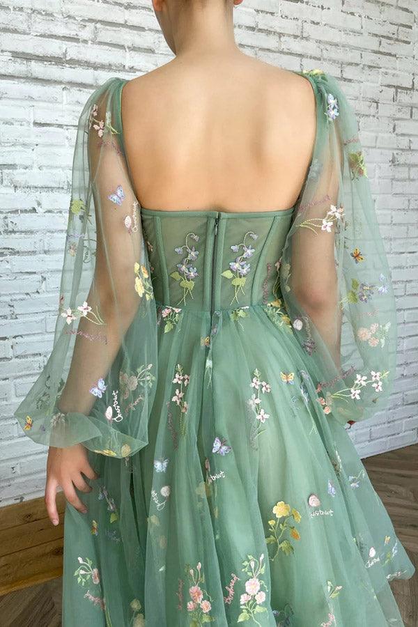 Embroidered Tulle Light Prom dress With Puffy Long Sleeve