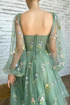 Embroidered Tulle Light Prom dress With Puffy Long Sleeve