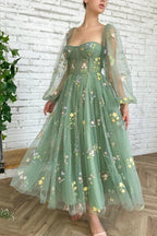 Embroidered Tulle Light Prom dress With Puffy Long Sleeve