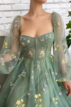 Embroidered Tulle Light Prom dress With Puffy Long Sleeve
