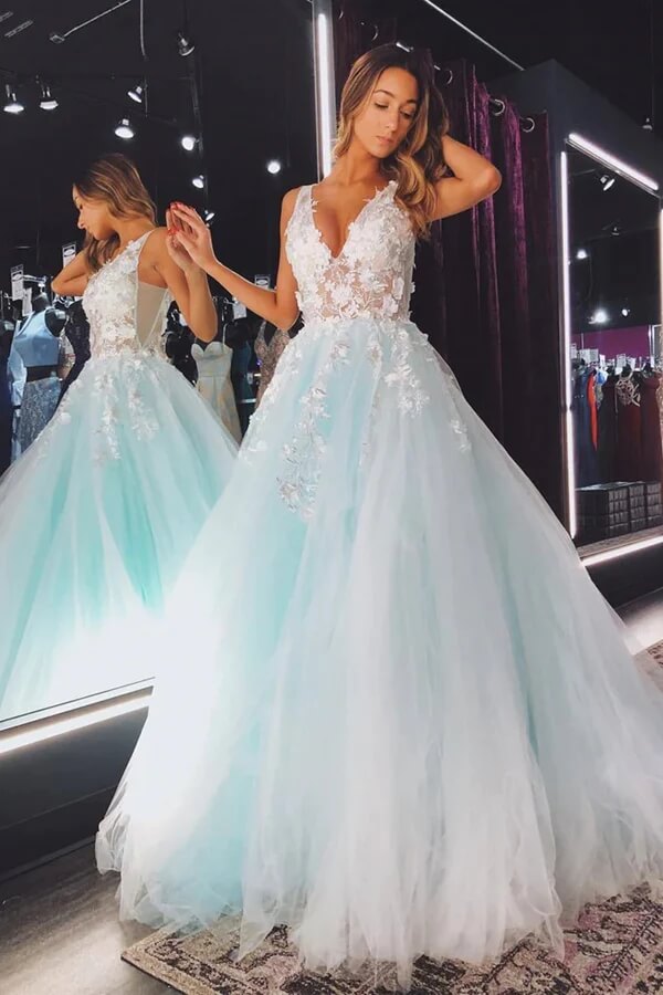 Vestido de fiesta de tul verde claro con escote en V, apliques de encaje y corte A, vestido de noche