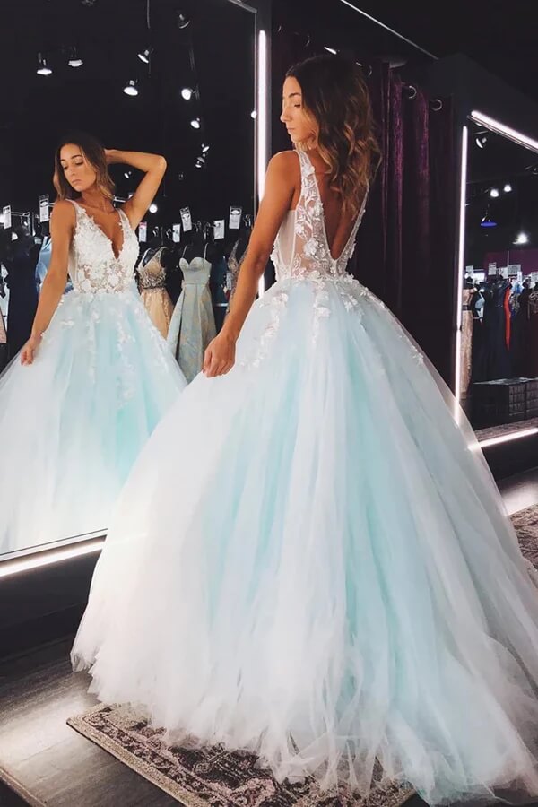 Vestido de fiesta de tul verde claro con escote en V, apliques de encaje y corte A, vestido de noche
