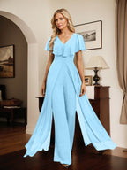 Jumpsuit/Hosenanzug, bodenlanges Chiffon-Abendkleid mit V-Ausschnitt