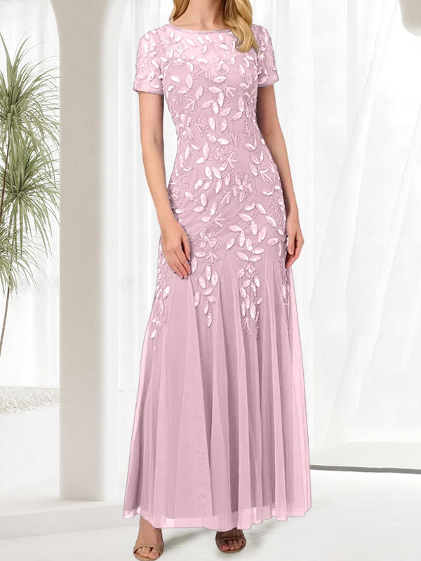 Vestido largo de sirena azul con cuello redondo para madre de la novia con abalorios