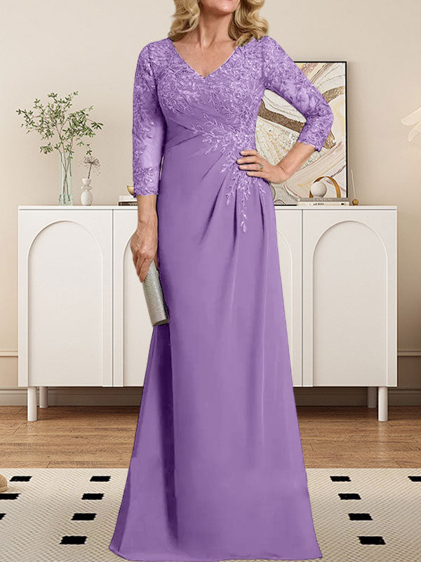 Etuikleid/Säulenkleid mit V-Ausschnitt, Illusion-Detail, bodenlang, aus Chiffonspitze und plissierten Pailletten für die Mutter der Braut 