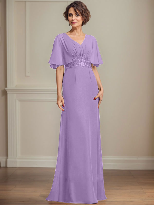 Vestido de gasa para madre de la novia, corte A, escote en V, largo hasta el suelo, con apliques de lentejuelas plisadas y encaje