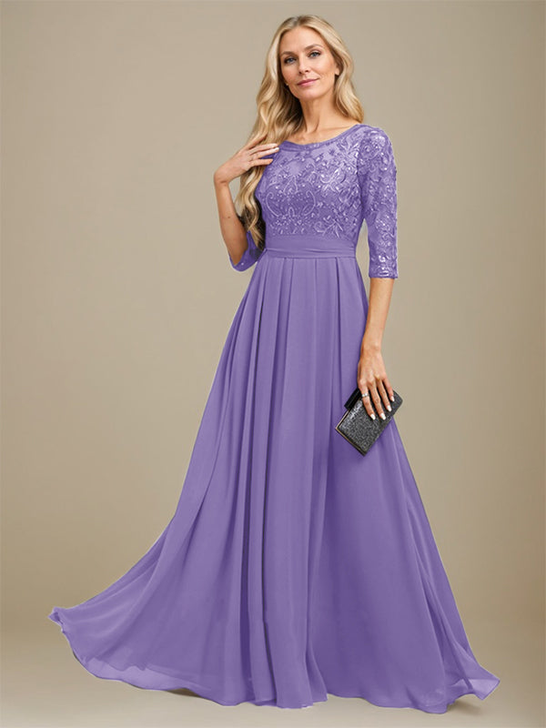 A-Linien-Kleid aus Chiffon mit Paillettenapplikationen und Rundhalsausschnitt, bodenlang, für die Mutter der Braut 