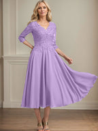 A-Linien-Kleid aus Chiffonspitze mit V-Ausschnitt, Teelänge, Perlen- und Paillettenstickerei für die Mutter der Braut 