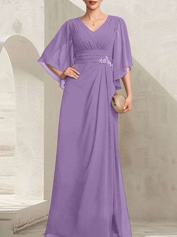 Vestido de gasa para madre de la novia, con escote en V, largo hasta el suelo, con lentejuelas plisadas y abalorios.