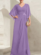 Vestido de gasa para madre de la novia, con escote en V, largo hasta el suelo, con lentejuelas plisadas y abalorios.