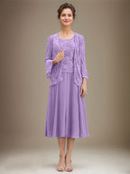 Vestido de gasa con encaje y lentejuelas para madre de la novia, corte A, escote redondo y largo hasta la rodilla 