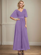 A-Linien-Chiffonkleid mit V-Ausschnitt, Knöchellänge, plissierten Pailletten und Perlenstickerei für die Mutter der Braut