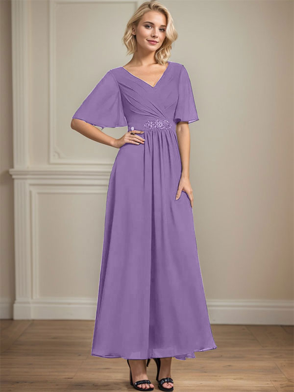 Vestido de gasa para madre de la novia, corte A, escote en V, largo hasta los tobillos, con lentejuelas y cuentas plisadas