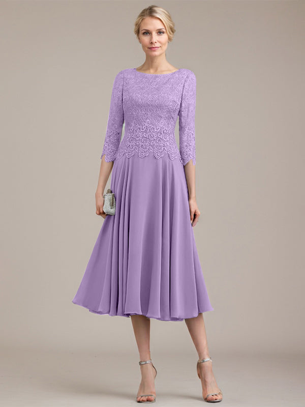 Vestido de gasa con encaje y escote redondo hasta la rodilla para madre de la novia 