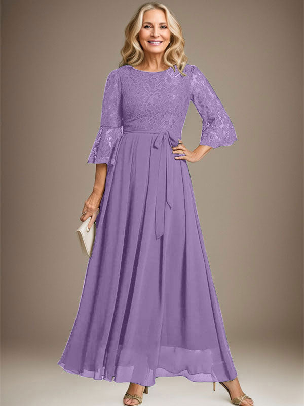 A-Linien-Kleid aus Chiffon mit Rundhalsausschnitt und Schleife, knöchellang, für die Mutter der Braut