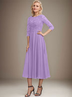 A-Linien-Kleid mit Rundhalsausschnitt, Teelänge, Spitze, Chiffon, Pailletten, für die Mutter der Braut