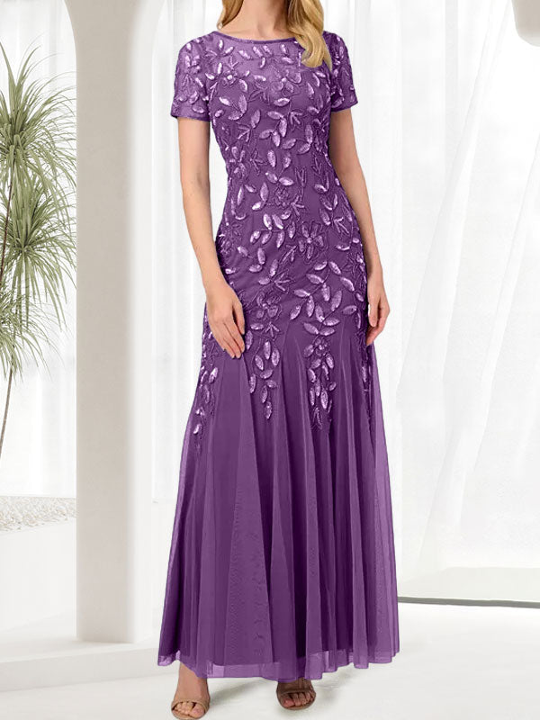 Vestido largo de sirena azul con cuello redondo para madre de la novia con abalorios