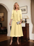 Vestido de gasa con encaje y lentejuelas para madre de la novia, corte A, escote redondo y largo hasta la rodilla 