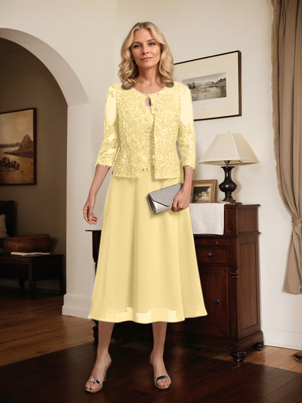 Vestido de gasa con encaje y lentejuelas para madre de la novia, corte A, escote redondo y largo hasta la rodilla 