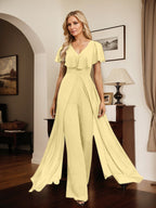 Jumpsuit/Hosenanzug, bodenlanges Chiffon-Abendkleid mit V-Ausschnitt
