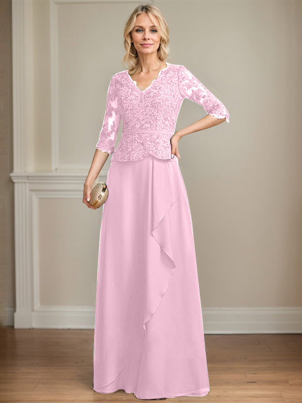 A-Linien-Kleid aus Chiffon mit V-Ausschnitt, bodenlang, mit Spitze, Kaskadenrüschen und Pailletten für die Mutter der Braut 