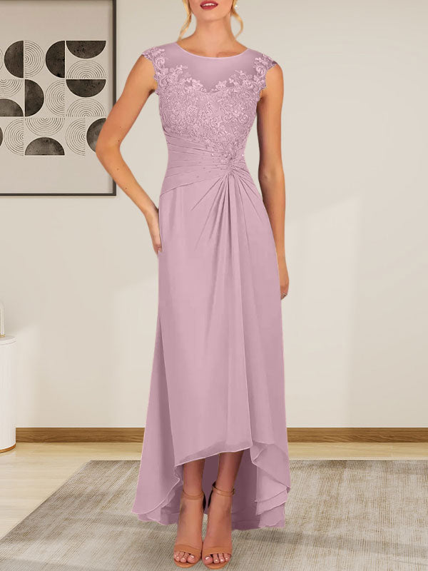 Champagnerfarbenes A-Linien-Chiffonkleid mit Rundhalsausschnitt und Spitze