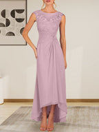 Champagnerfarbenes A-Linien-Chiffonkleid mit Rundhalsausschnitt und Spitze