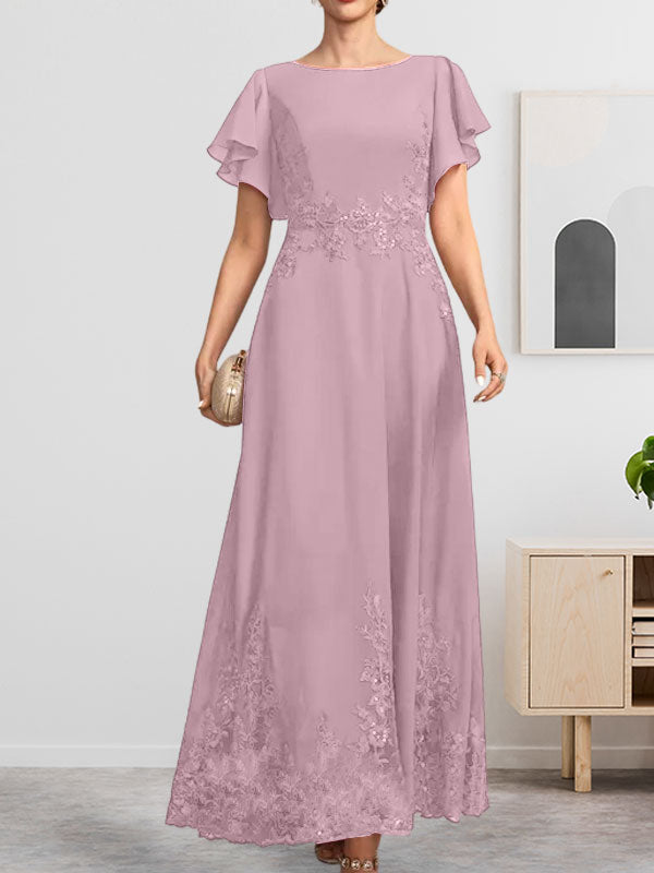 A-Linien-Kleid mit Rundhalsausschnitt, knöchellang, aus Spitze und Chiffon, mit Pailletten besetzt