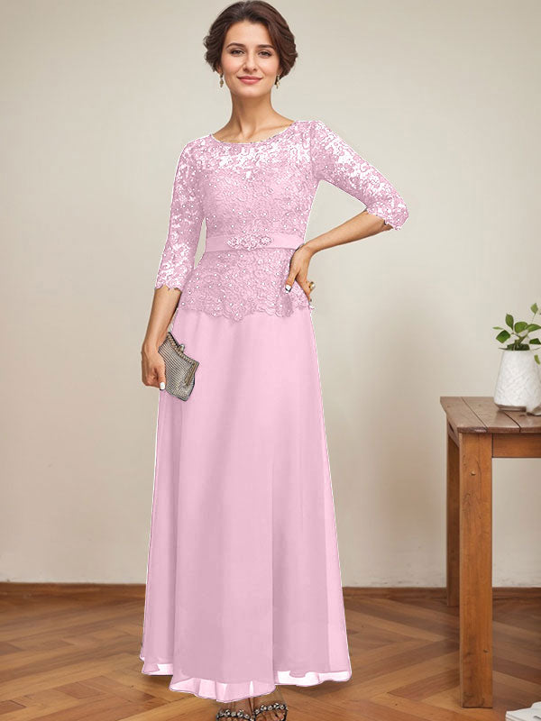 Vestido de gasa con encaje y escote ilusión hasta los tobillos para madre de la novia con cuentas de diamantes de imitación 