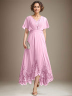 A-Linien-Kleid aus Chiffon mit asymmetrischem V-Ausschnitt und Spitze für die Mutter der Braut mit Falten