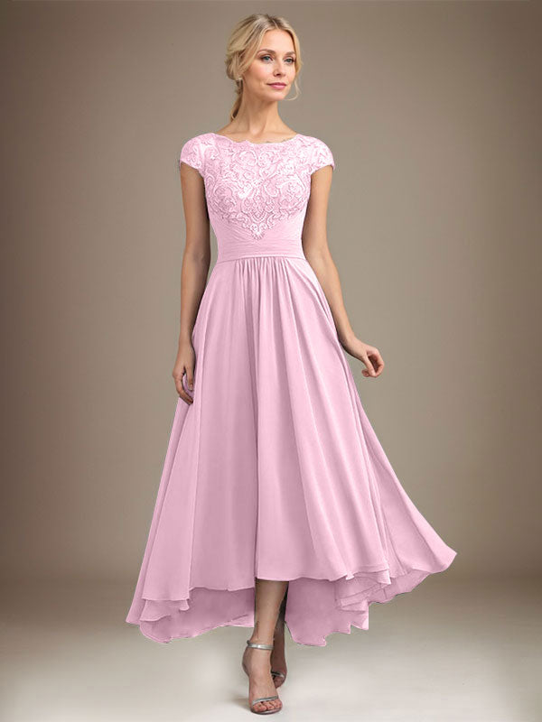 A-Linien-Kleid aus Chiffon mit asymmetrischem, plissiertem Spitzeneinsatz und Illusion-Ausschnitt für die Mutter der Braut 