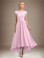 A-Linien-Kleid aus Chiffon mit asymmetrischem, plissiertem Spitzeneinsatz und Illusion-Ausschnitt für die Mutter der Braut 