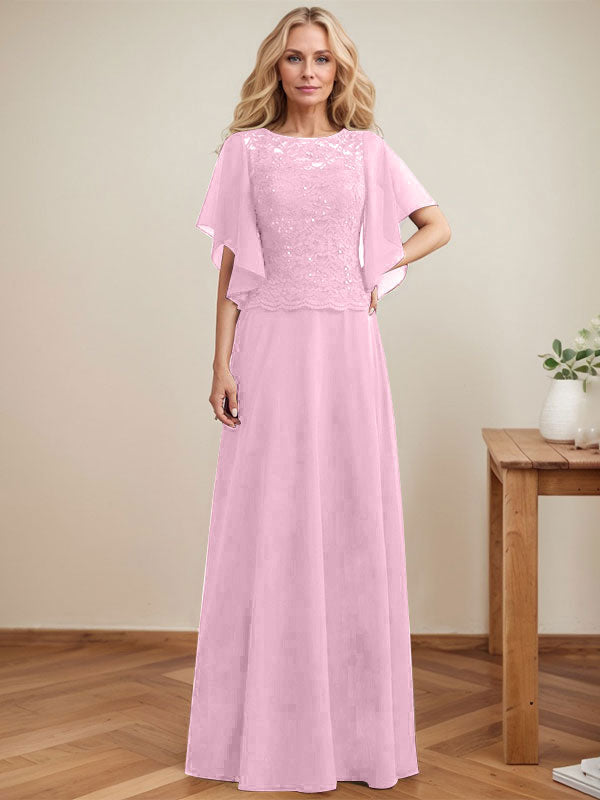 Vestido de madre de la novia de gasa con encaje, ilusión, largo hasta el suelo, corte A y lentejuelas 
